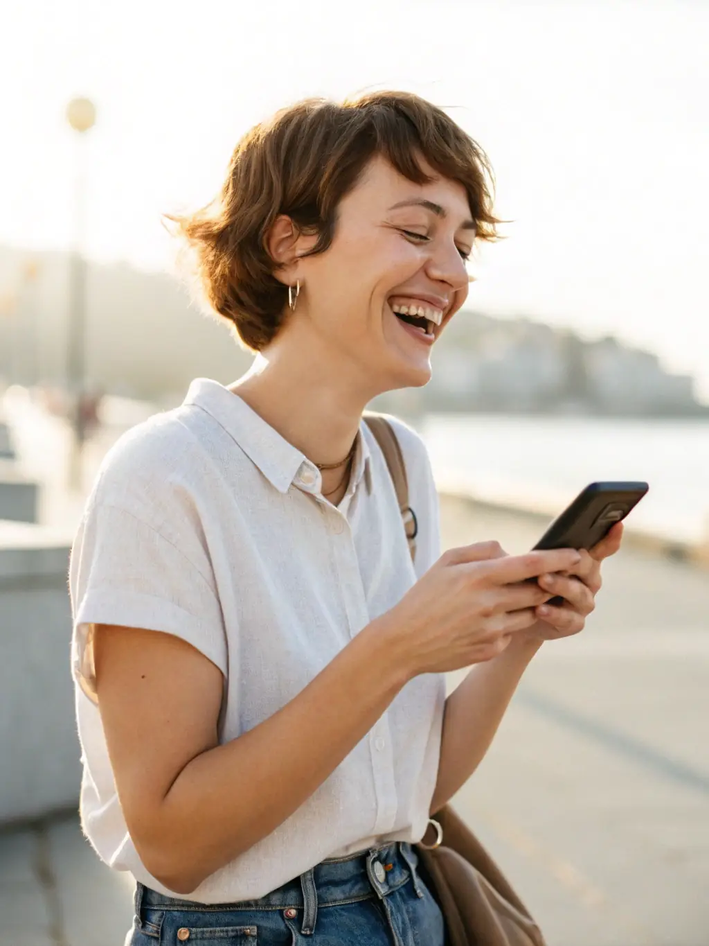 A person smiling and holding a smartphone while standing in front of a Chilean landmark, showcasing the ease of staying connected with an eSIM.